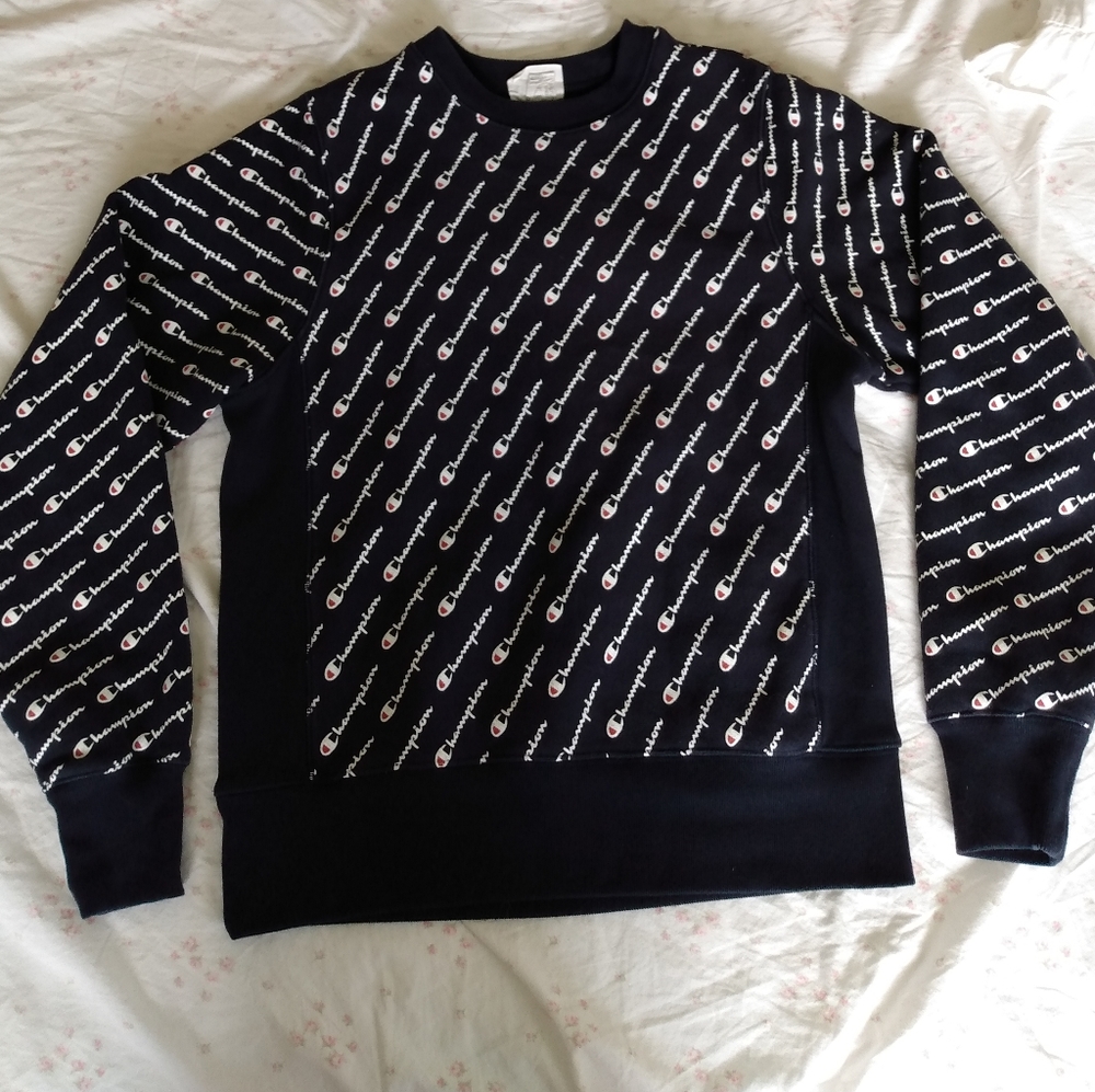 Champion Reverse Weave Navy Blue Logo Print Sweatshirt